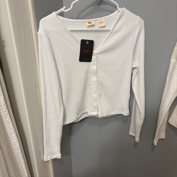 Levi’s White Ribbed Cropped Button Up Top NWT L | Y2K Slim Fit - Picture 1 of 7